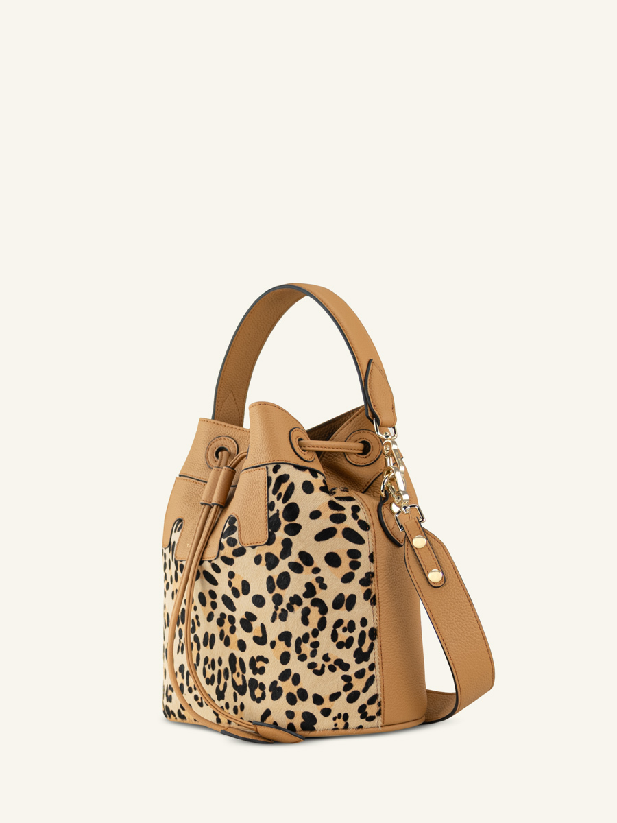 borsa a secchiello in pelle Capucine Leopard Beige vista laterale w39-lp-bei