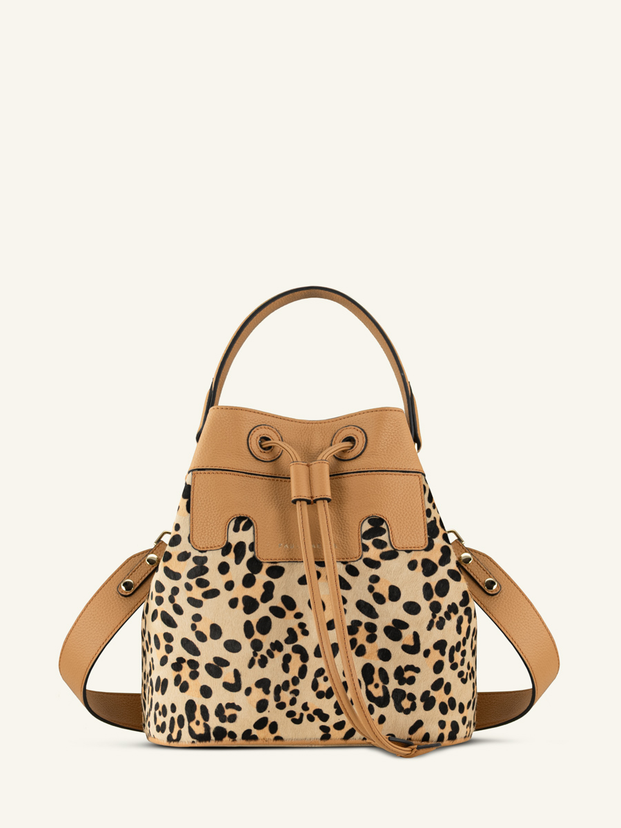 borsa a secchiello in pelle Capucine leopardata beige vista frontale w39-lp-bei