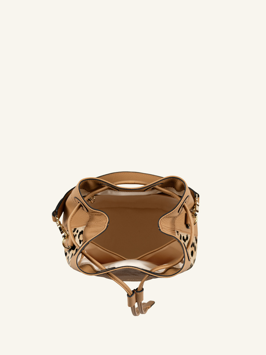 borsa a secchiello in pelle Capucine leopardata beige vista interna w39-lp-bei