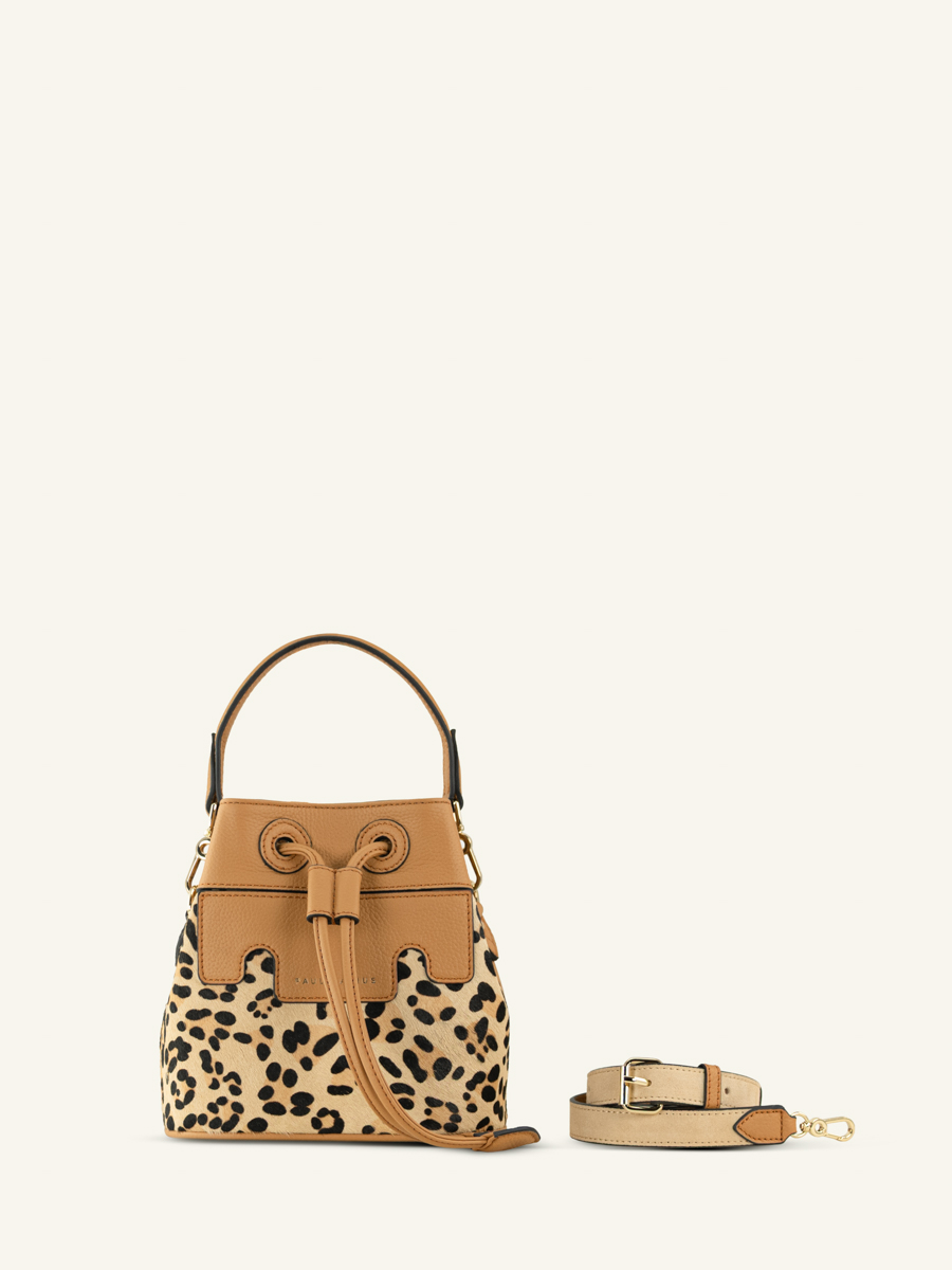 mini borsa a secchiello in pelle Capucine XS leopardata beige vista frontale w39xs-lp-bei