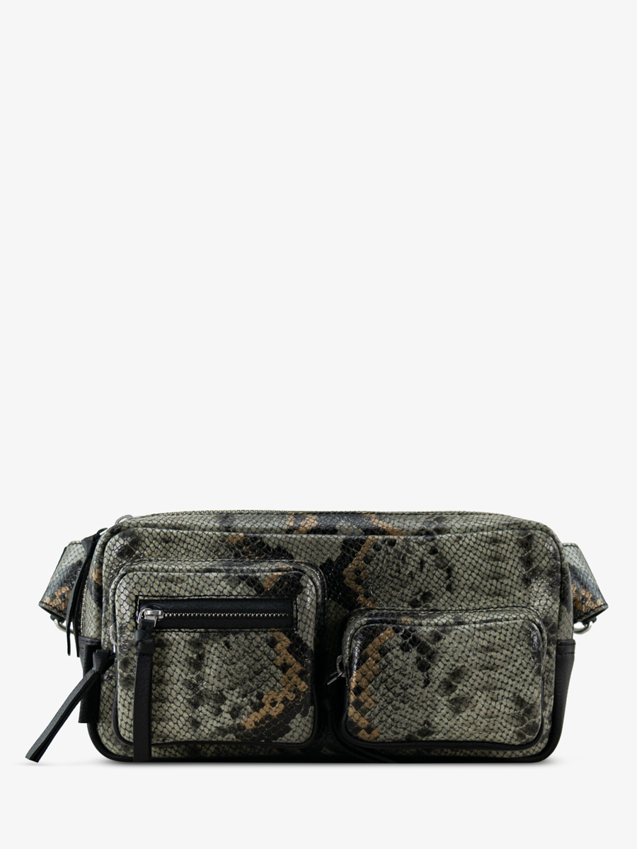 borsa a tracolla in pelle pitonata grigio-nera LaBanane 90s Python Vue frontale M86 P GRE-B