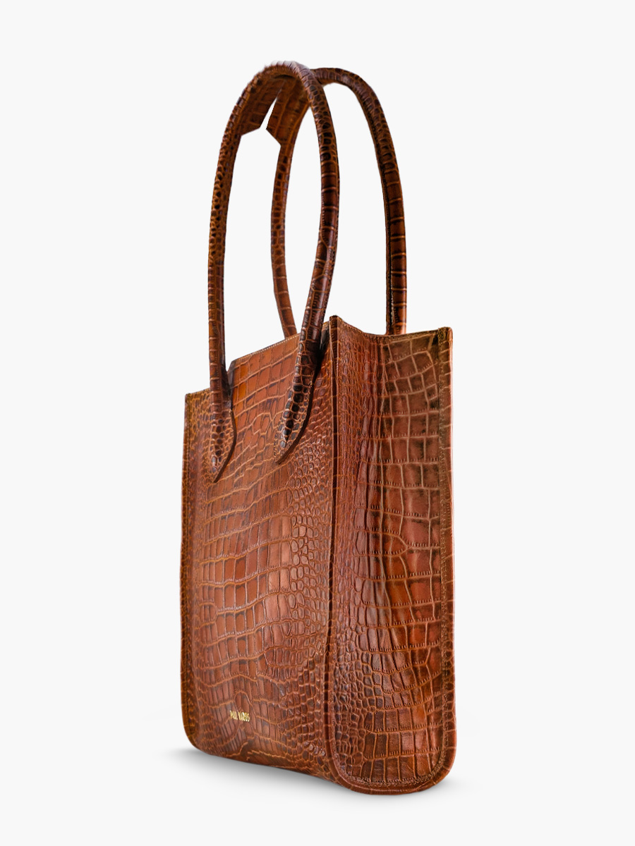 foto-vista-laterale-borsa-cabas-in-pelle-marrone-laflaneuse-alligator-ambra-paul-marius-w13-a-l