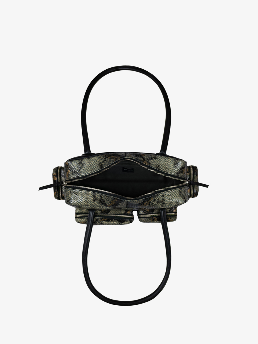 borsa multi-tasca in pelle pitonata grigio-nera Lebasset anni '90 con vista interna W56 P GRE-B