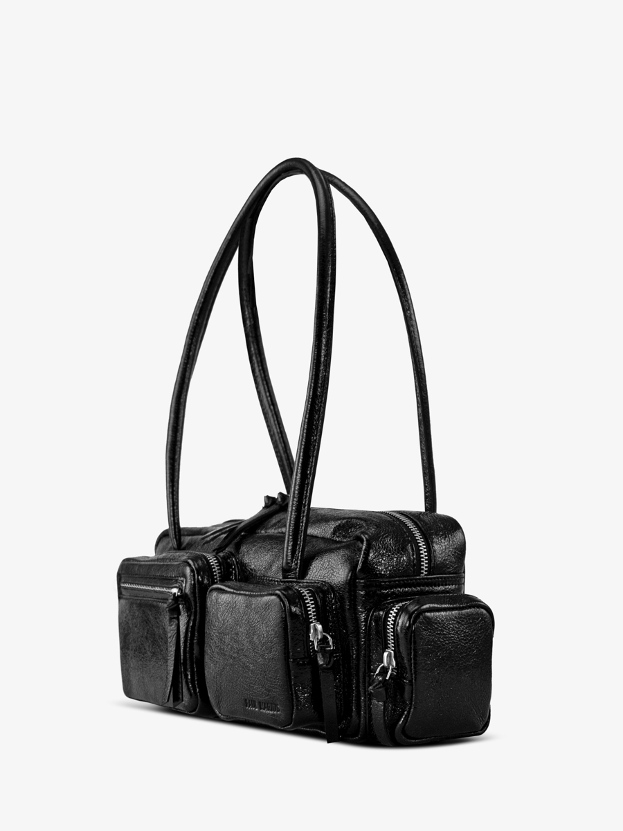 borsa multi-tasche in pelle nera scintillante LeBasset 90s Eclipse vista laterale W56 M B