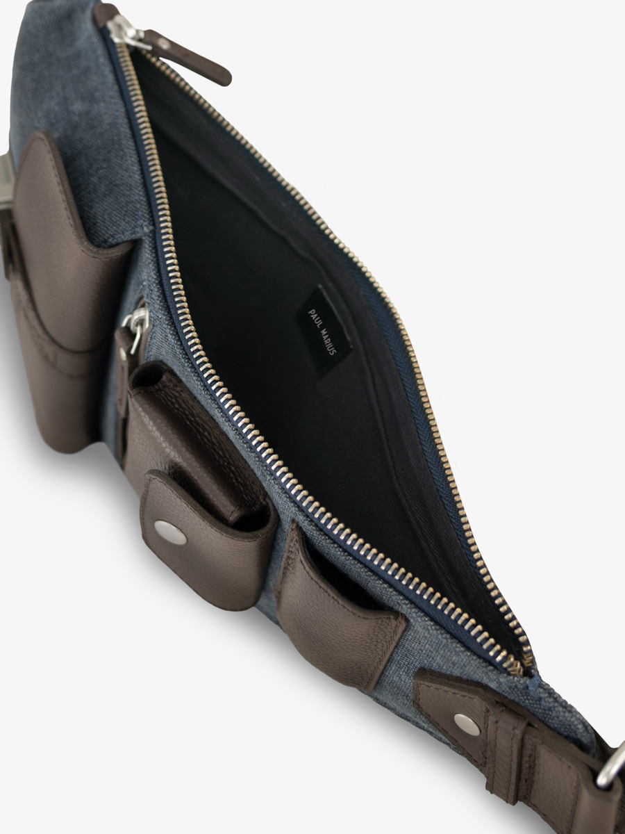 borsa-a-tracolla-in-pelle-marrone-blu-LeHolster-cacao-tela-blu-vista-interna-w62-odbr-bluc