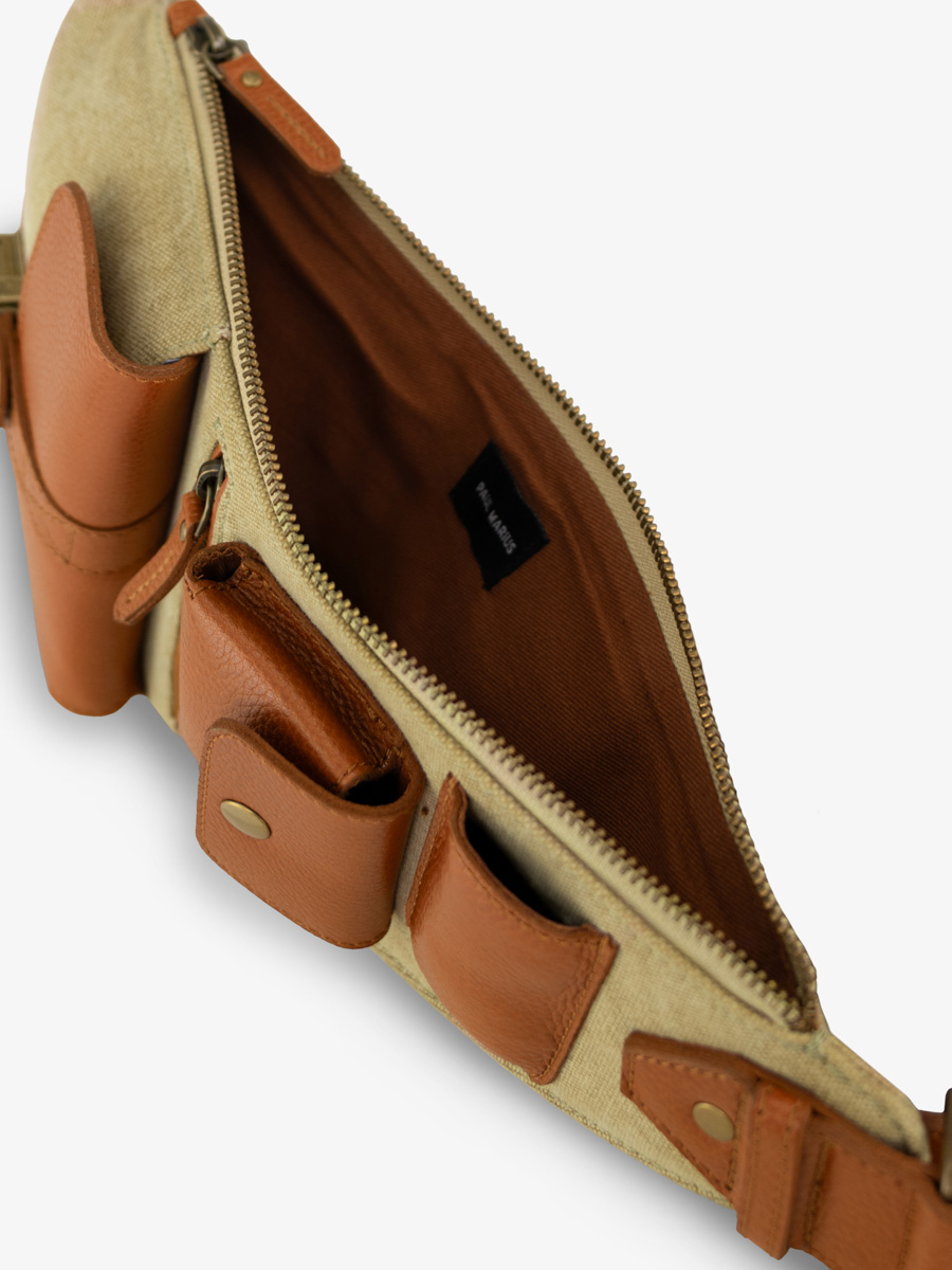 borsa a tracolla in pelle marrone verde LeHolster cognac tela kaki vista interna w62 oco gc