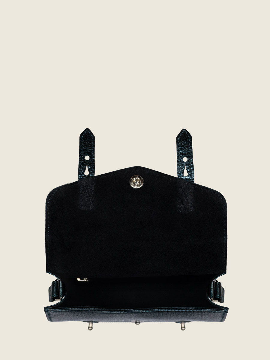 borsa a tracolla in pelle verde scintillante LeMini Indispensable mezzanotte vista interna w08s m gr