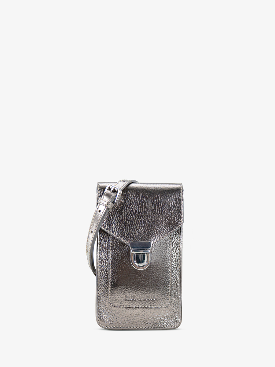 borsa-porta-cellulare-in-pelle-argento-porta-cellulare-in-acciaio-vista-frontale-m88-gm