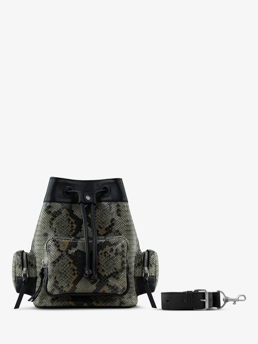 borsa a secchiello in pelle pitonata grigio-nera LeSeau anni '90 pitonata vista frontale W57 P GRE-B