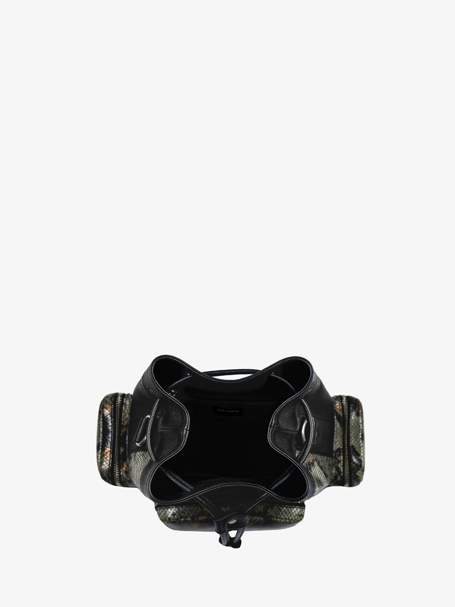 borsa a secchiello in pelle pitonata grigio-nera LeSeau anni '90 vista interna W57 P GRE-B