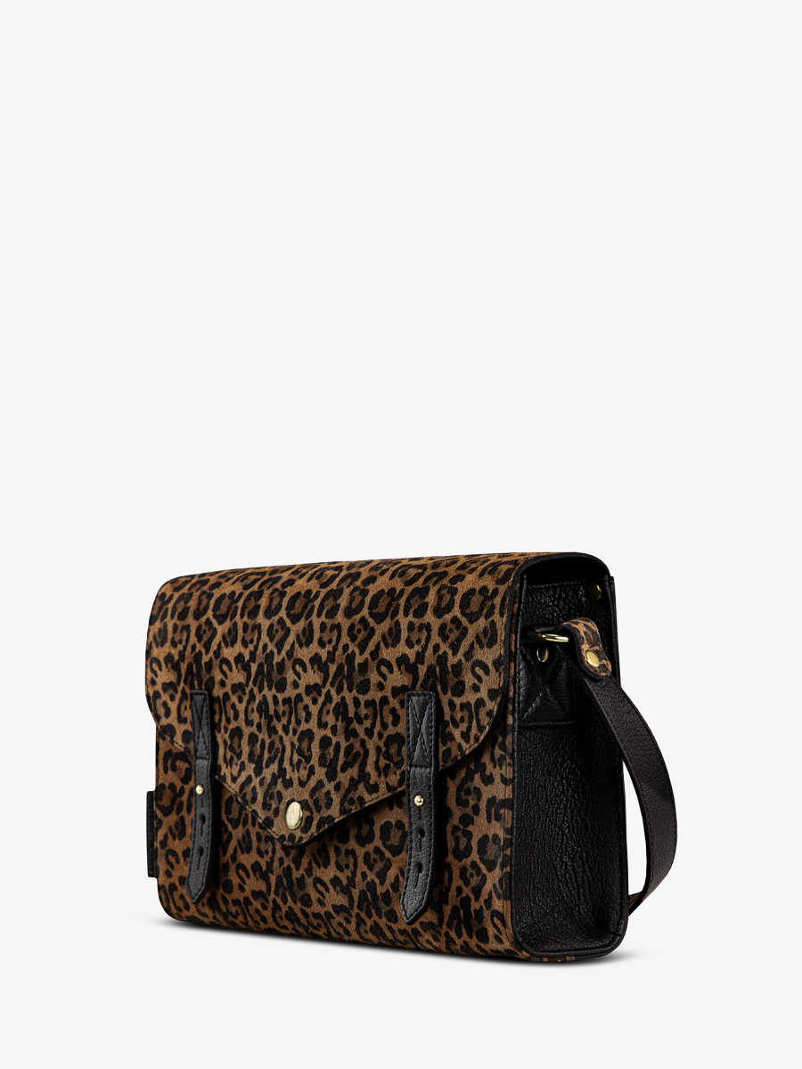 borsa a tracolla indispensabile leopardata nera vista laterale w08-lp-b