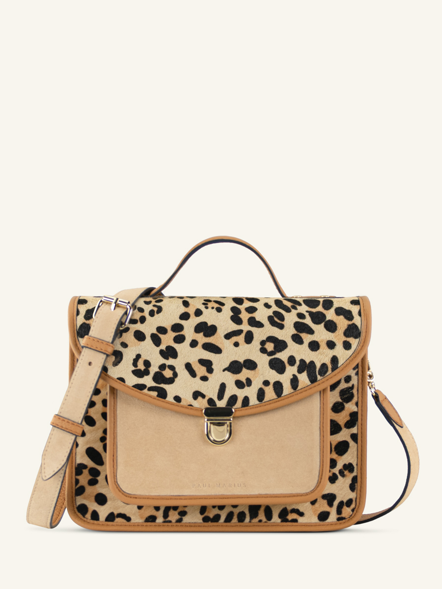 borsa a tracolla in pelle Mademoiselle George leopard beige vista frontale w05-lp-bei