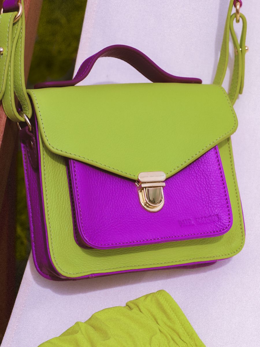 foto-focus-materiale-mini-borsa-a-tramonta-in-pelle-verde-viola-mademoiselle-george-xs-sorbet-pomme-cassis-paul-marius-w05xs-sb-lgr-p