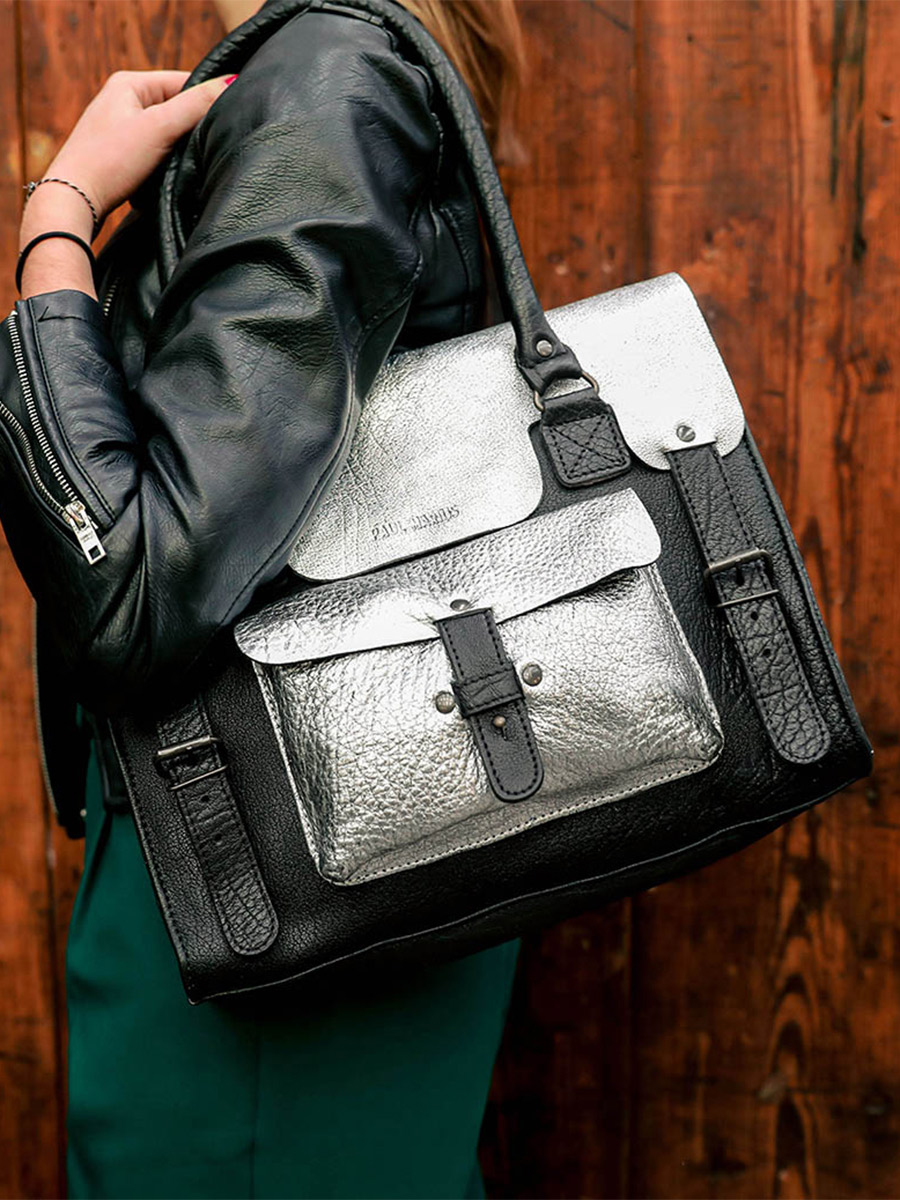 foto-vista-frontale-borsa-a-tramoggia-in-pelle-donna-argento-nero-lerive-gauche-m-argento-nero-paul-marius-w01m-s-b