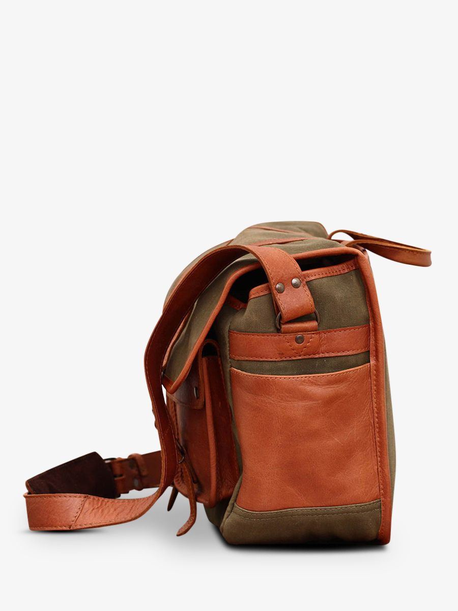 foto-vista-laterale-borsa-fotografica-in-pelle-argentica-verde-lereporter-tela-verde-kaki-paul-marius-m54-gc