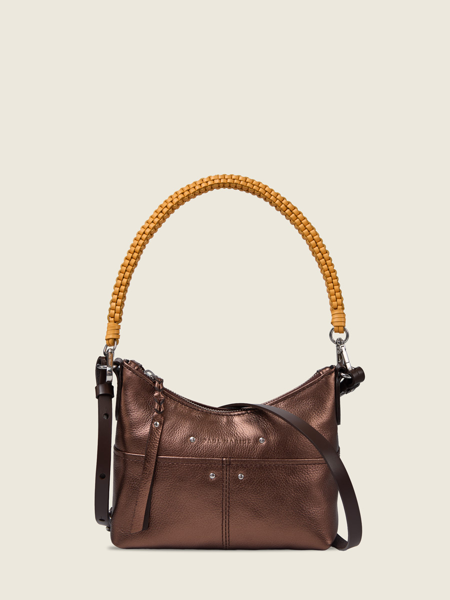 Foto dettaglio del materiale, piccola borsa a tracolla in pelle color rame, PAUL MARIUS LeLoustic Rame