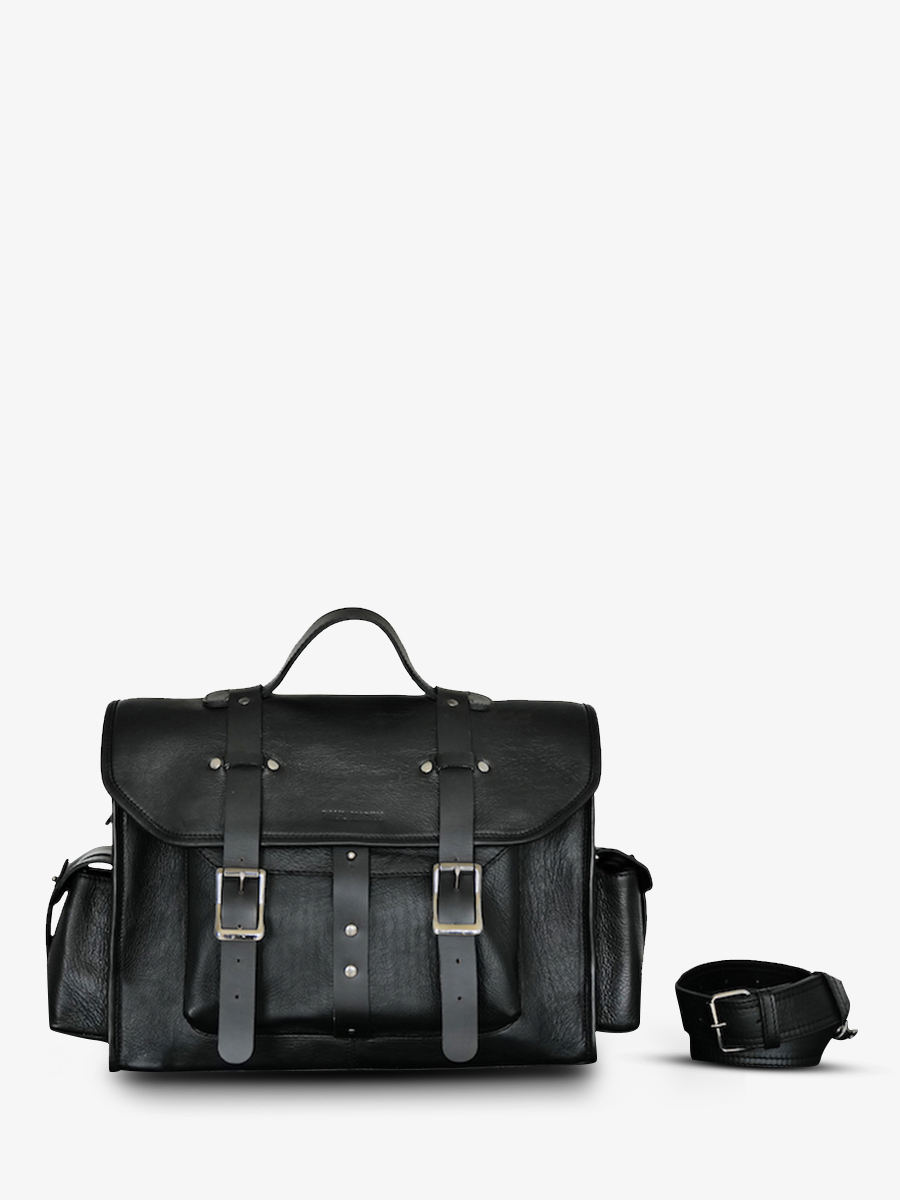 foto-vista-frontale-borsa-moto-in-pelle-nera-lenomade-m-nera-olio-paul-marius-m100m-obl